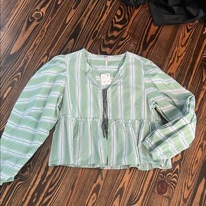 Free People Green Striped Long Sleeve Blouse
